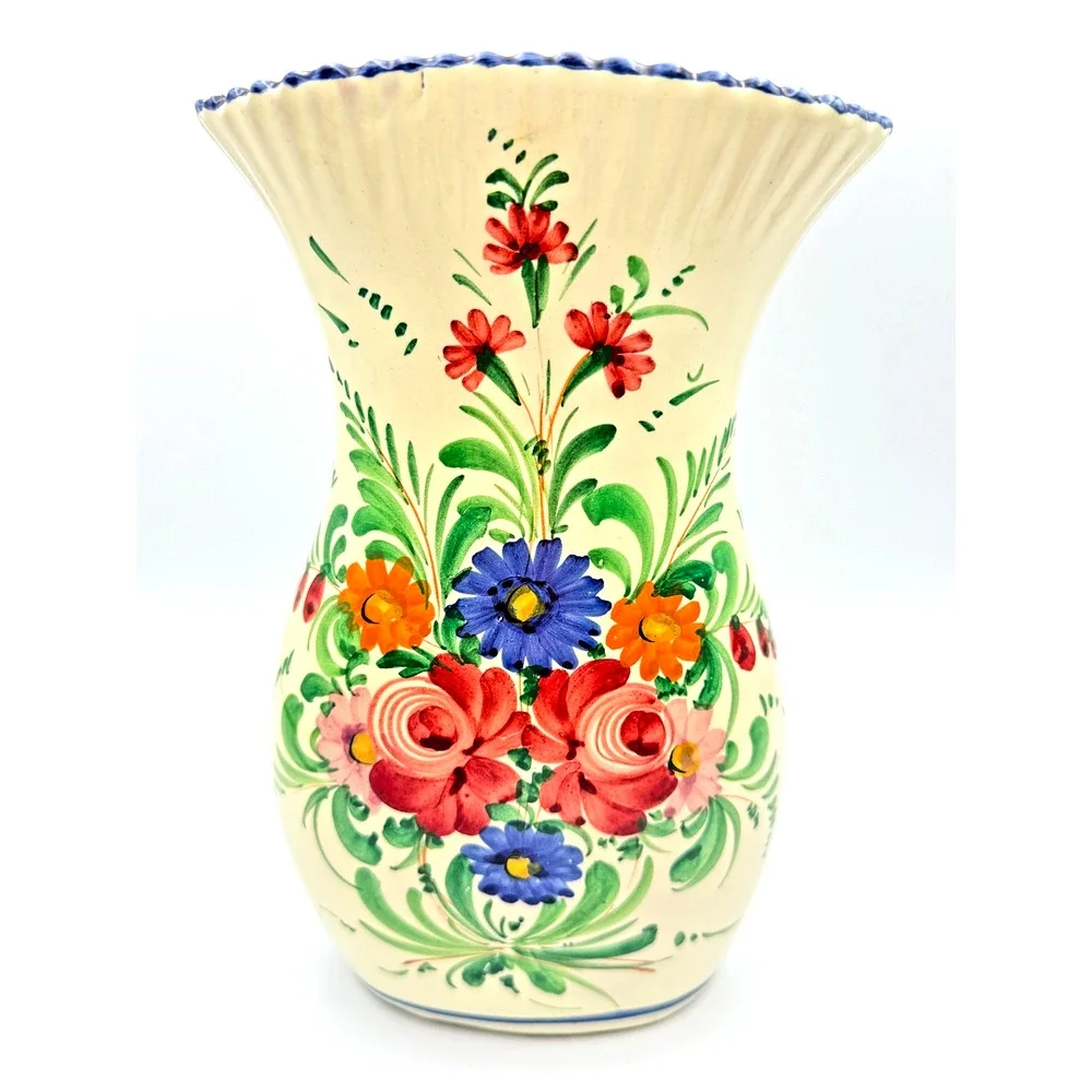 Vintage Deruta Hand Painted Art Pottery Vase Italy Corset Trumpet Flared Florals